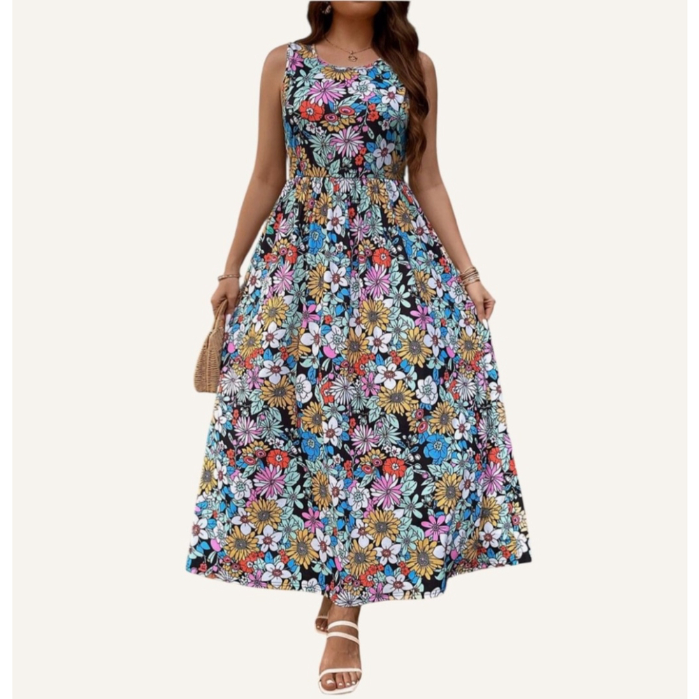 Sleeveless Floral Maxi Dress in Black Multi